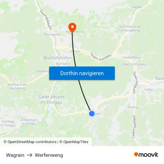 Wagrain to Werfenweng map