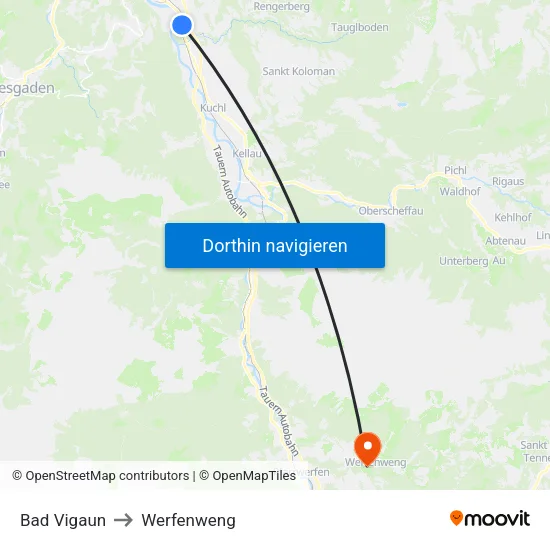 Bad Vigaun to Werfenweng map