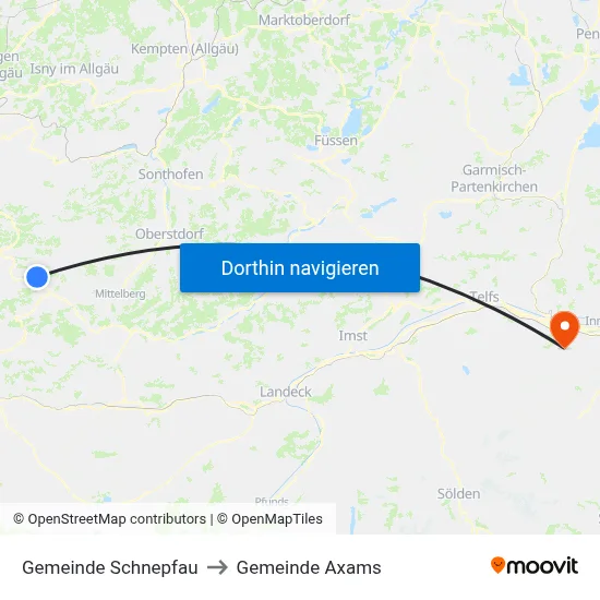Gemeinde Schnepfau to Gemeinde Axams map