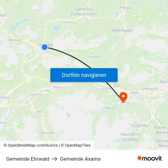 Gemeinde Ehrwald to Gemeinde Axams map