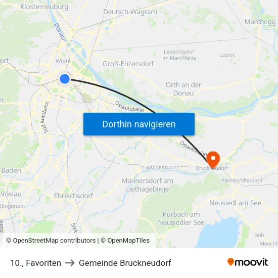 10., Favoriten to Gemeinde Bruckneudorf map