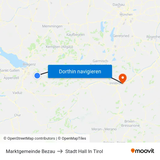 Marktgemeinde Bezau to Stadt Hall In Tirol map