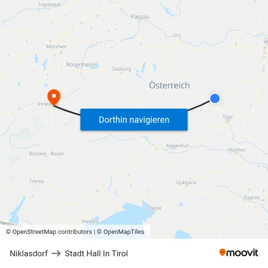 Niklasdorf to Stadt Hall In Tirol map