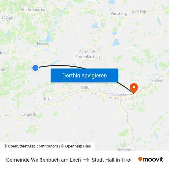 Gemeinde Weißenbach am Lech to Stadt Hall In Tirol map