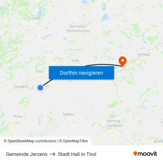 Gemeinde Jerzens to Stadt Hall In Tirol map