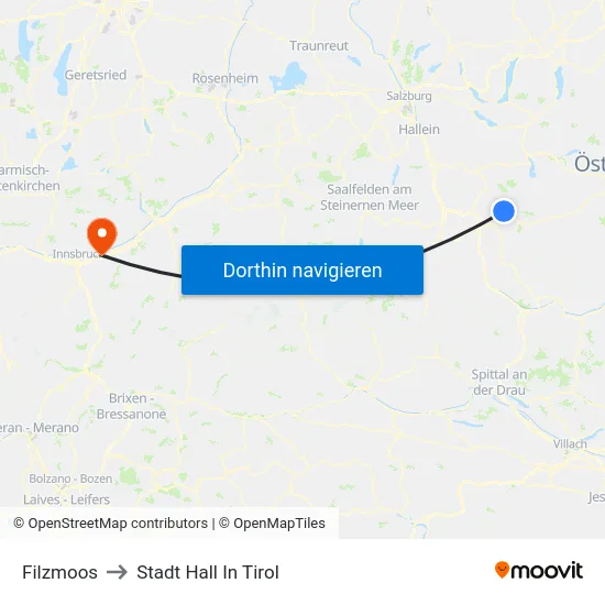 Filzmoos to Stadt Hall In Tirol map