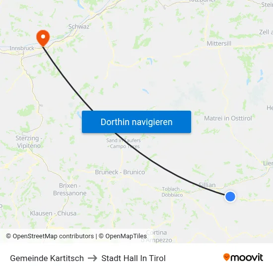 Gemeinde Kartitsch to Stadt Hall In Tirol map