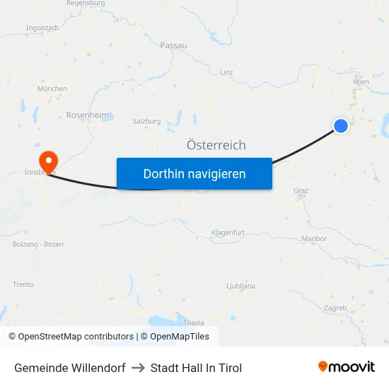 Gemeinde Willendorf to Stadt Hall In Tirol map