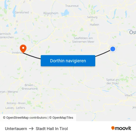 Untertauern to Stadt Hall In Tirol map