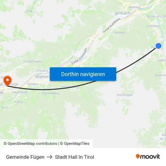 Gemeinde Fügen to Stadt Hall In Tirol map