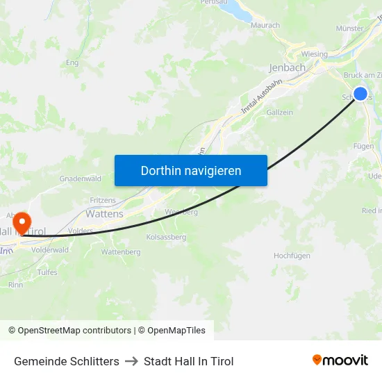 Gemeinde Schlitters to Stadt Hall In Tirol map