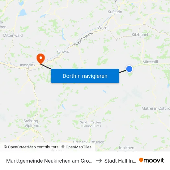 Marktgemeinde Neukirchen am Großvenediger to Stadt Hall In Tirol map