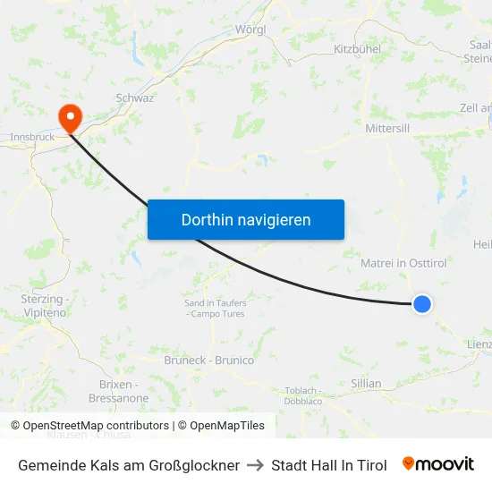 Gemeinde Kals am Großglockner to Stadt Hall In Tirol map