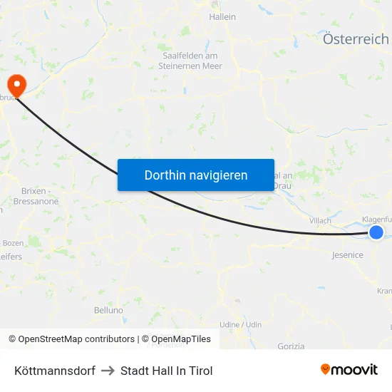 Köttmannsdorf to Stadt Hall In Tirol map