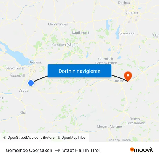 Gemeinde Übersaxen to Stadt Hall In Tirol map