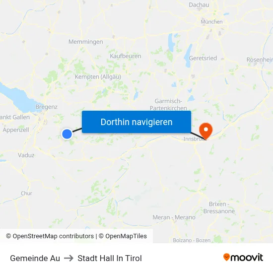 Gemeinde Au to Stadt Hall In Tirol map