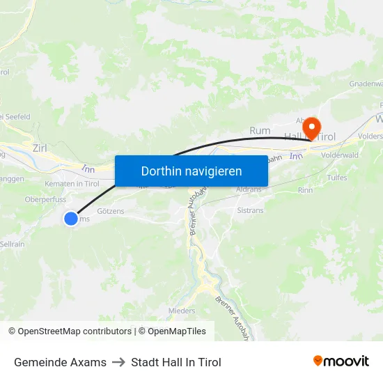 Gemeinde Axams to Stadt Hall In Tirol map