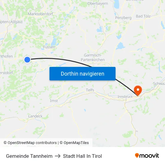 Gemeinde Tannheim to Stadt Hall In Tirol map