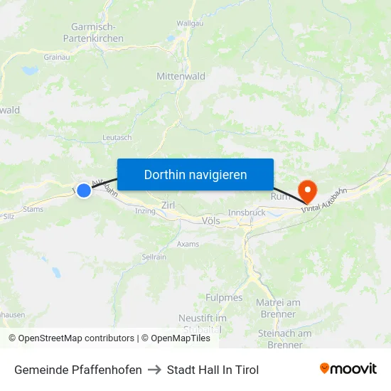 Gemeinde Pfaffenhofen to Stadt Hall In Tirol map