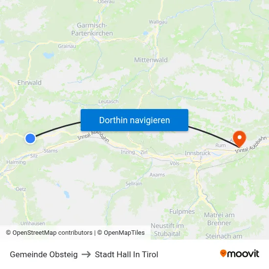 Gemeinde Obsteig to Stadt Hall In Tirol map