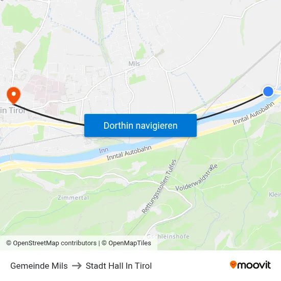Gemeinde Mils to Stadt Hall In Tirol map