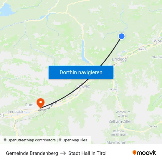 Gemeinde Brandenberg to Stadt Hall In Tirol map