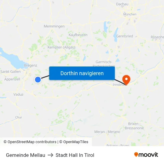 Gemeinde Mellau to Stadt Hall In Tirol map