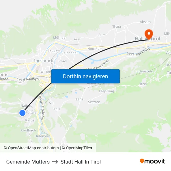 Gemeinde Mutters to Stadt Hall In Tirol map