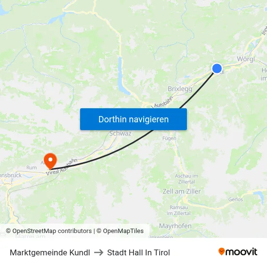 Marktgemeinde Kundl to Stadt Hall In Tirol map