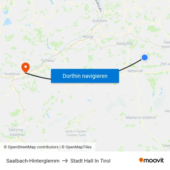 Saalbach-Hinterglemm to Stadt Hall In Tirol map