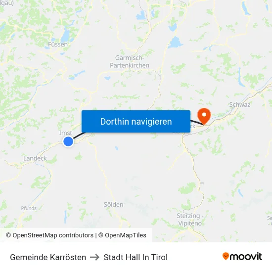 Gemeinde Karrösten to Stadt Hall In Tirol map