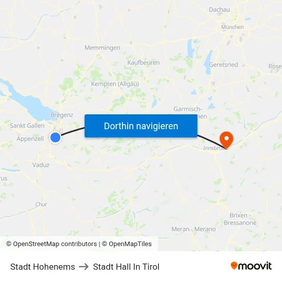 Stadt Hohenems to Stadt Hall In Tirol map