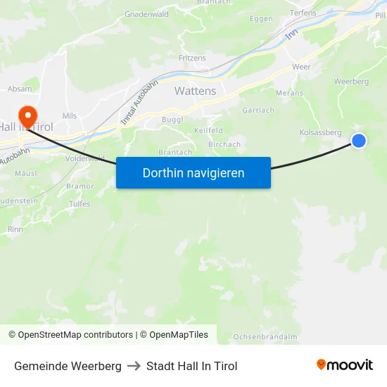 Gemeinde Weerberg to Stadt Hall In Tirol map