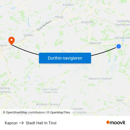 Kaprun to Stadt Hall In Tirol map
