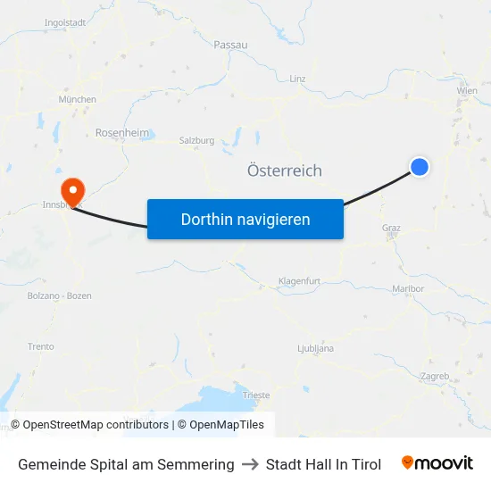 Gemeinde Spital am Semmering to Stadt Hall In Tirol map