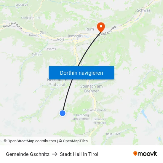Gemeinde Gschnitz to Stadt Hall In Tirol map