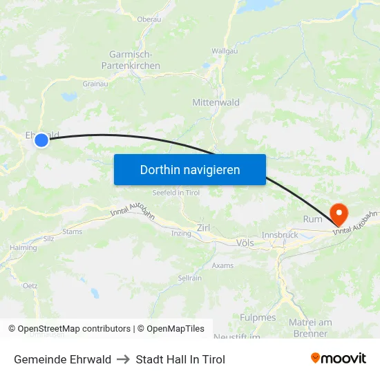 Gemeinde Ehrwald to Stadt Hall In Tirol map