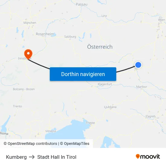 Kumberg to Stadt Hall In Tirol map