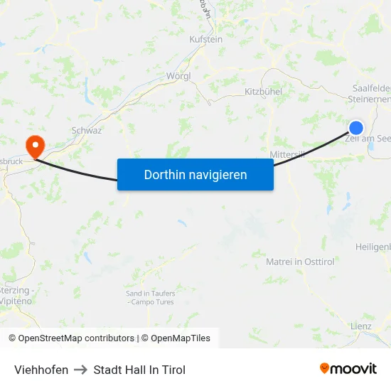 Viehhofen to Stadt Hall In Tirol map