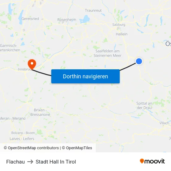 Flachau to Stadt Hall In Tirol map