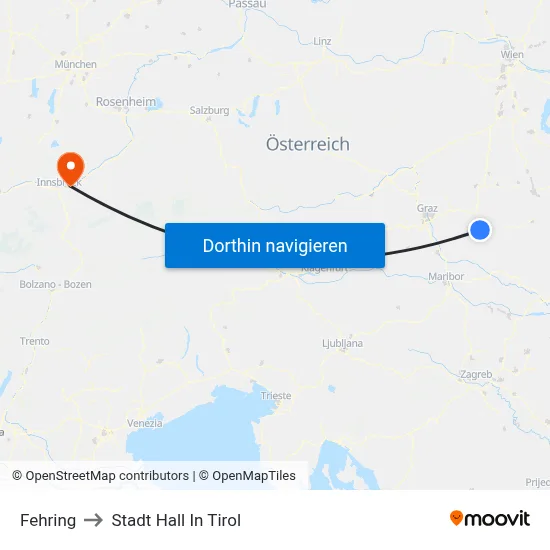 Fehring to Stadt Hall In Tirol map