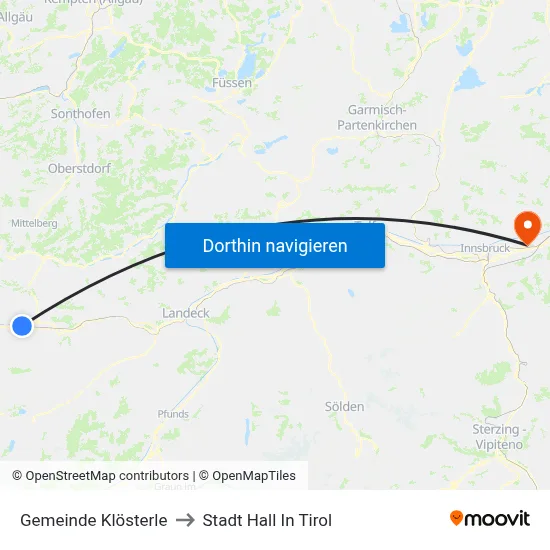 Gemeinde Klösterle to Stadt Hall In Tirol map