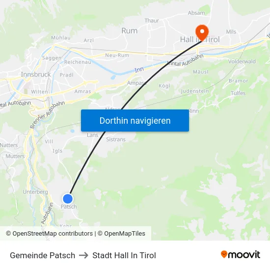 Gemeinde Patsch to Stadt Hall In Tirol map