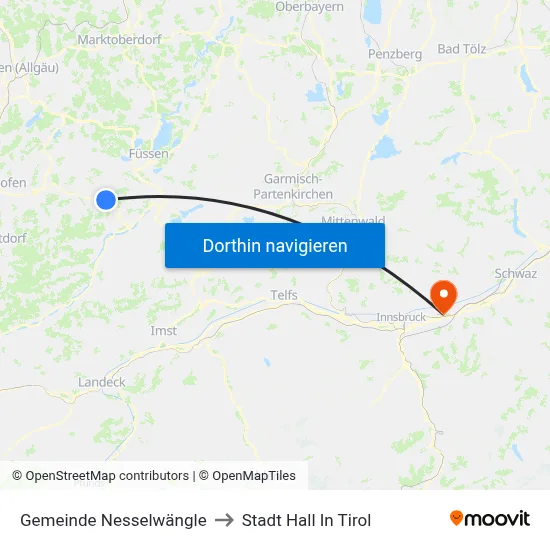 Gemeinde Nesselwängle to Stadt Hall In Tirol map