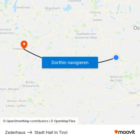 Zederhaus to Stadt Hall In Tirol map