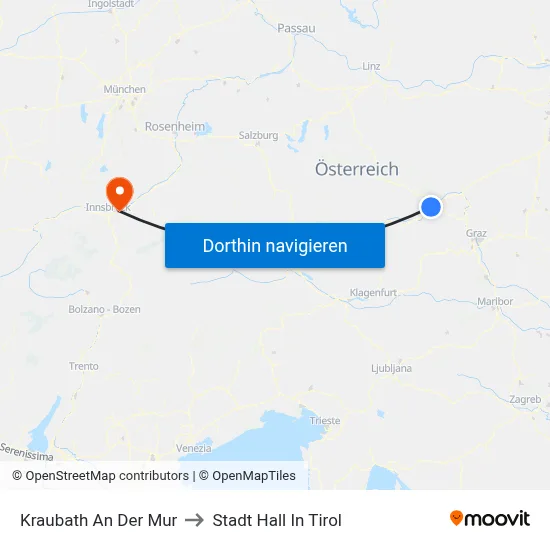 Kraubath An Der Mur to Stadt Hall In Tirol map