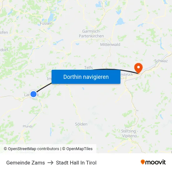 Gemeinde Zams to Stadt Hall In Tirol map