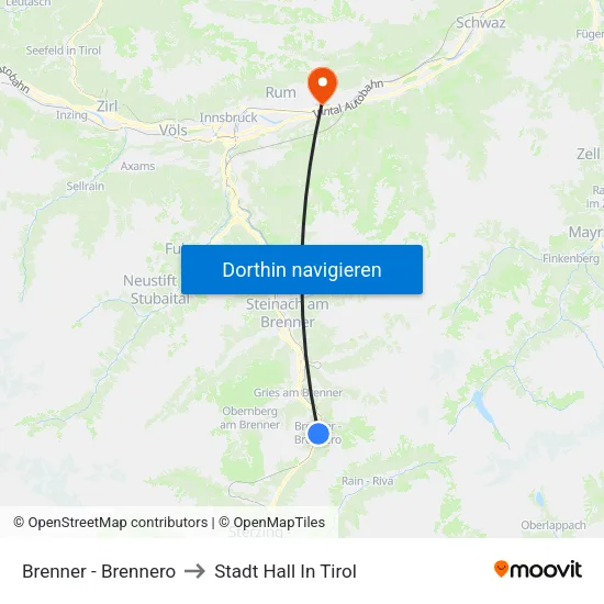 Brenner - Brennero to Stadt Hall In Tirol map