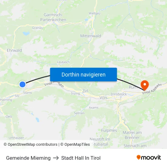 Gemeinde Mieming to Stadt Hall In Tirol map