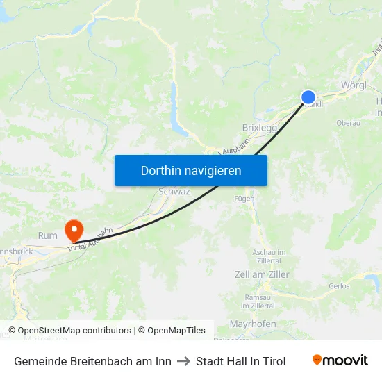 Gemeinde Breitenbach am Inn to Stadt Hall In Tirol map